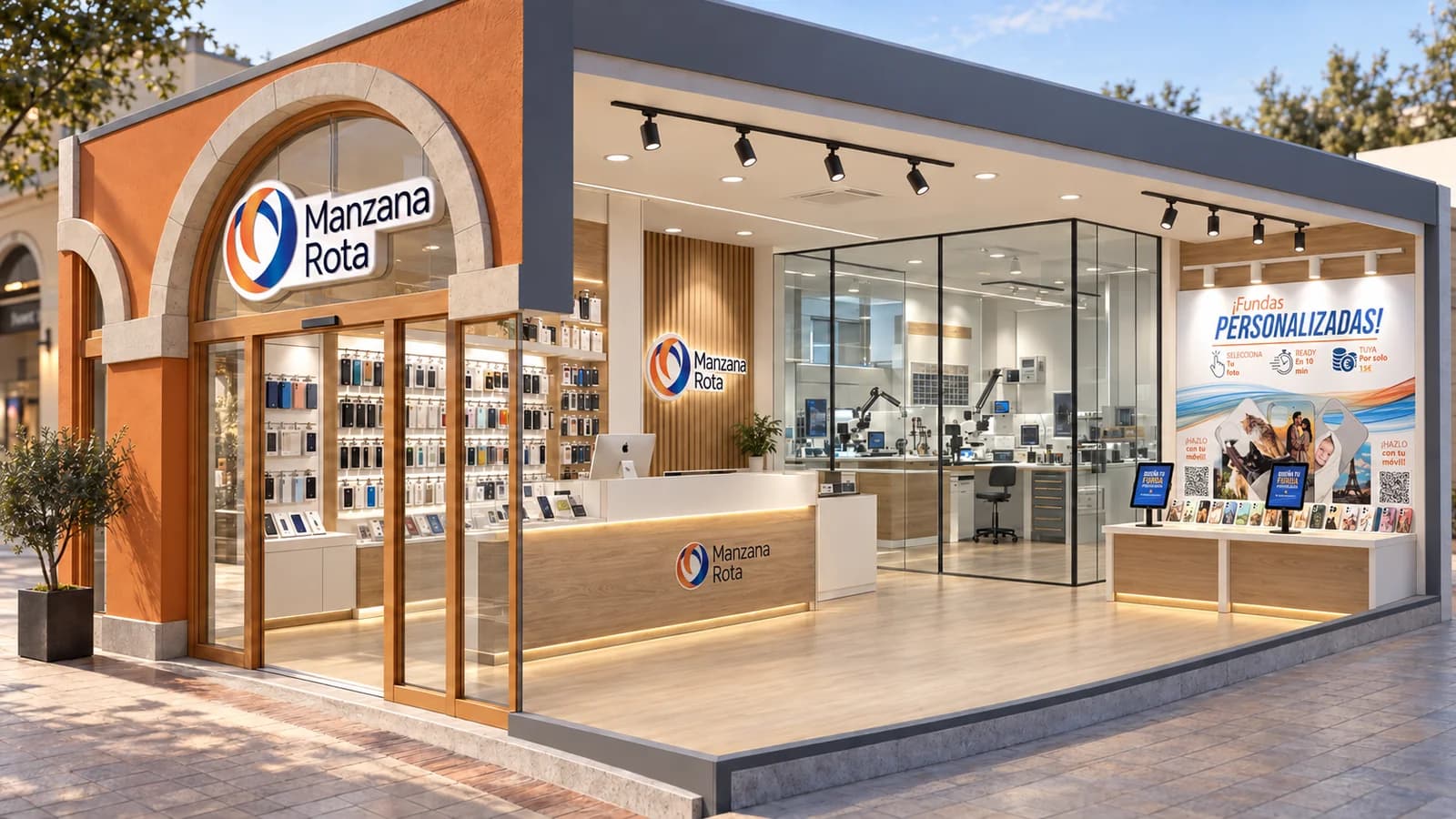 Render de un prototipo de tienda Manzana Rota con taller técnico y exposición de fundas personalizadas