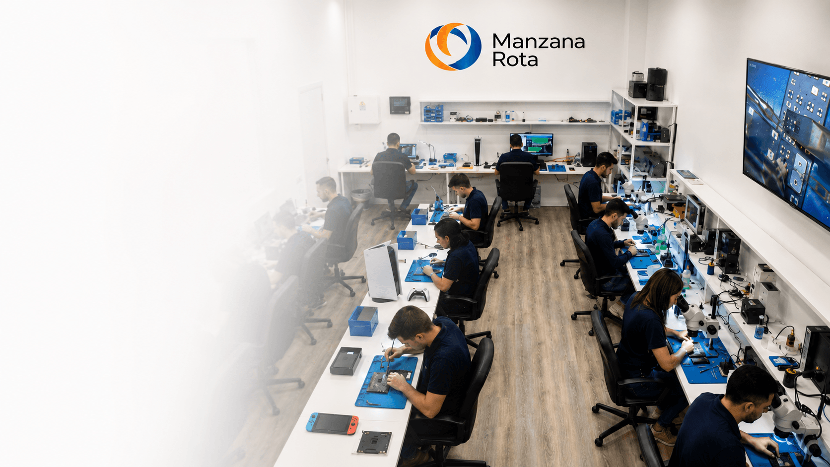 Equipo técnico de Manzana Rota trabajando en laboratorio y reparación