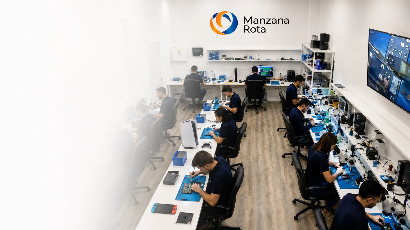 Equipo técnico de Manzana Rota trabajando en laboratorio y reparación