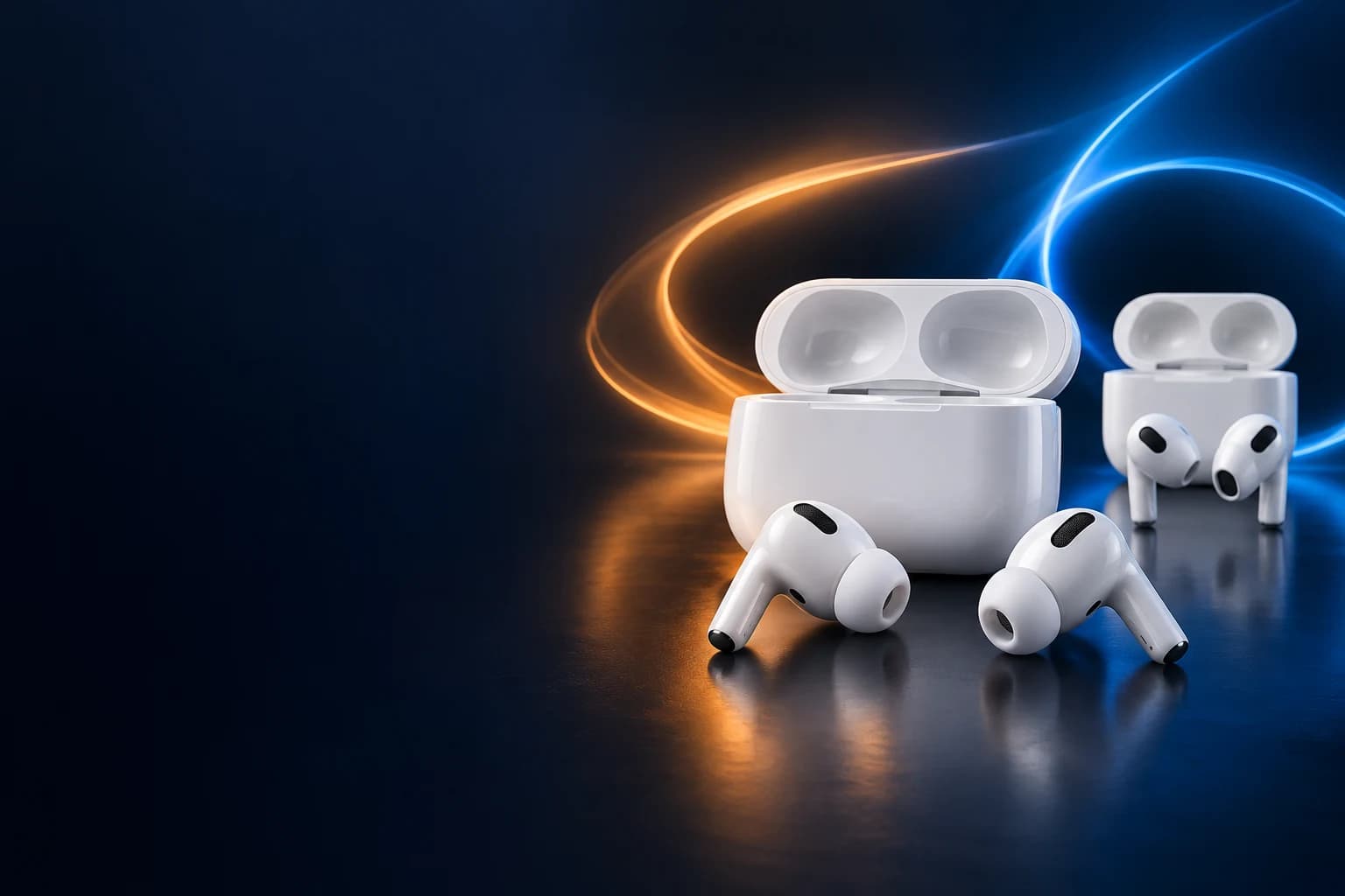 Auriculares blancos y sus estuches, rodeados de luz naranja y azul