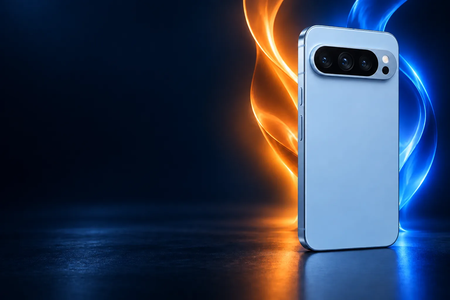 Google Pixel entre luces naranja y azul