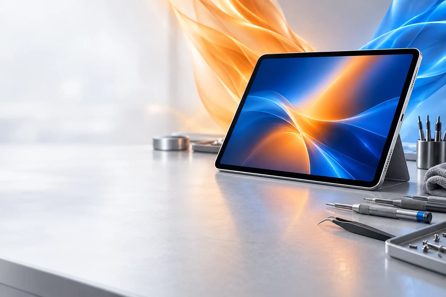 Tablet sin logotipo en una mesa de reparación
