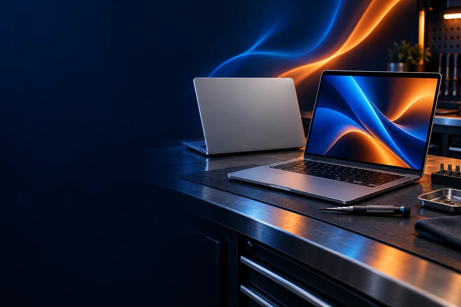 Portátiles sin logotipo en una mesa de reparación