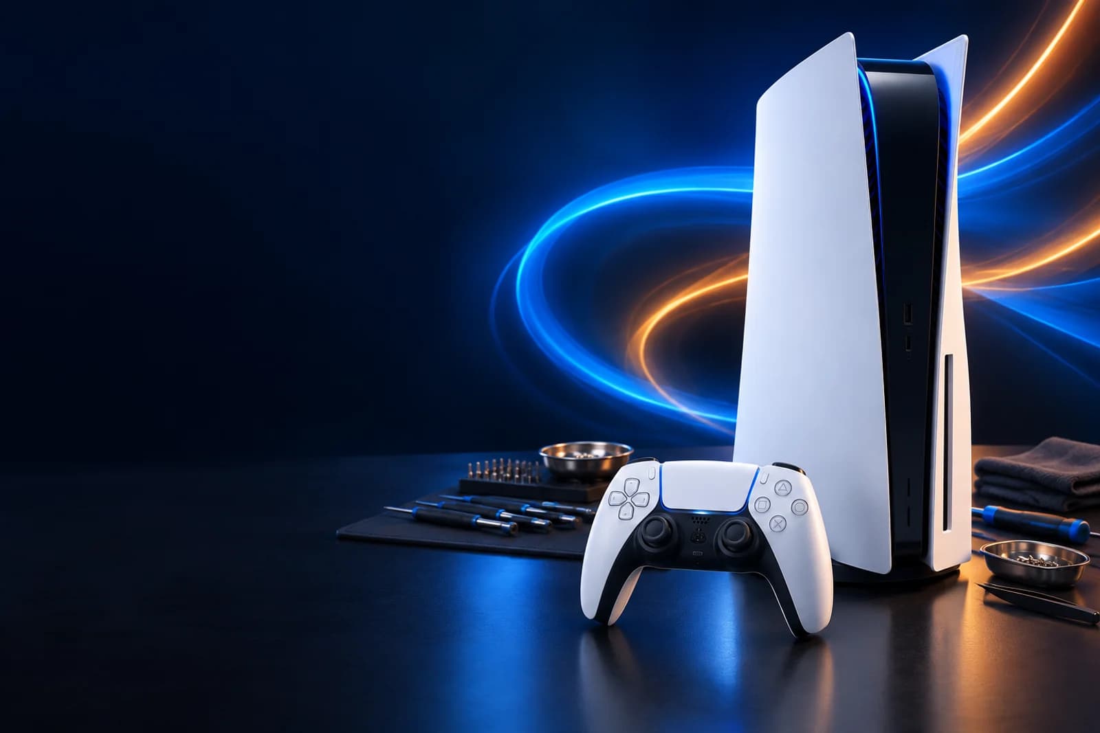 PlayStation 5 y mando en una mesa de reparación