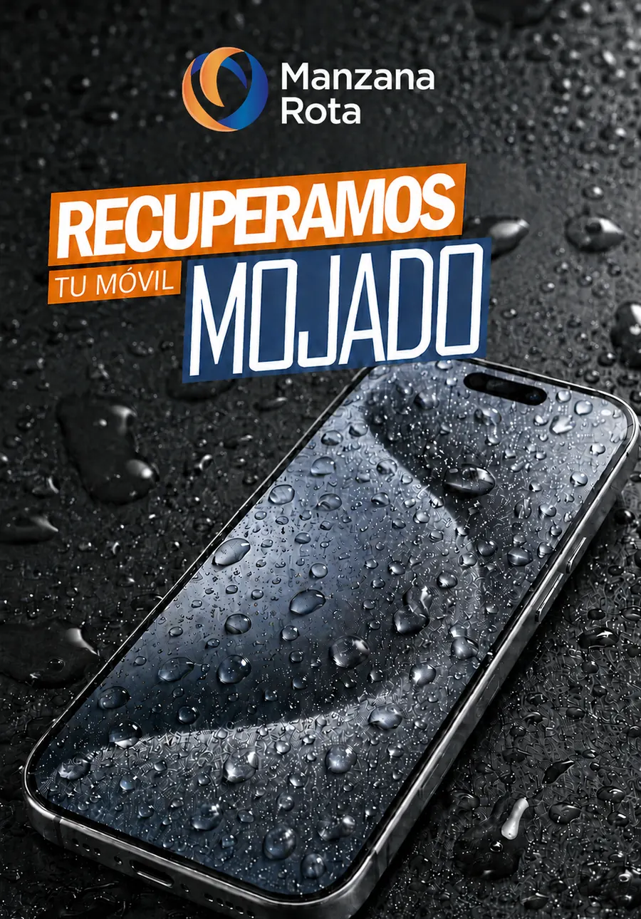 Móvil cubierto de agua con el mensaje Recuperamos tu móvil mojado de Manzana Rota